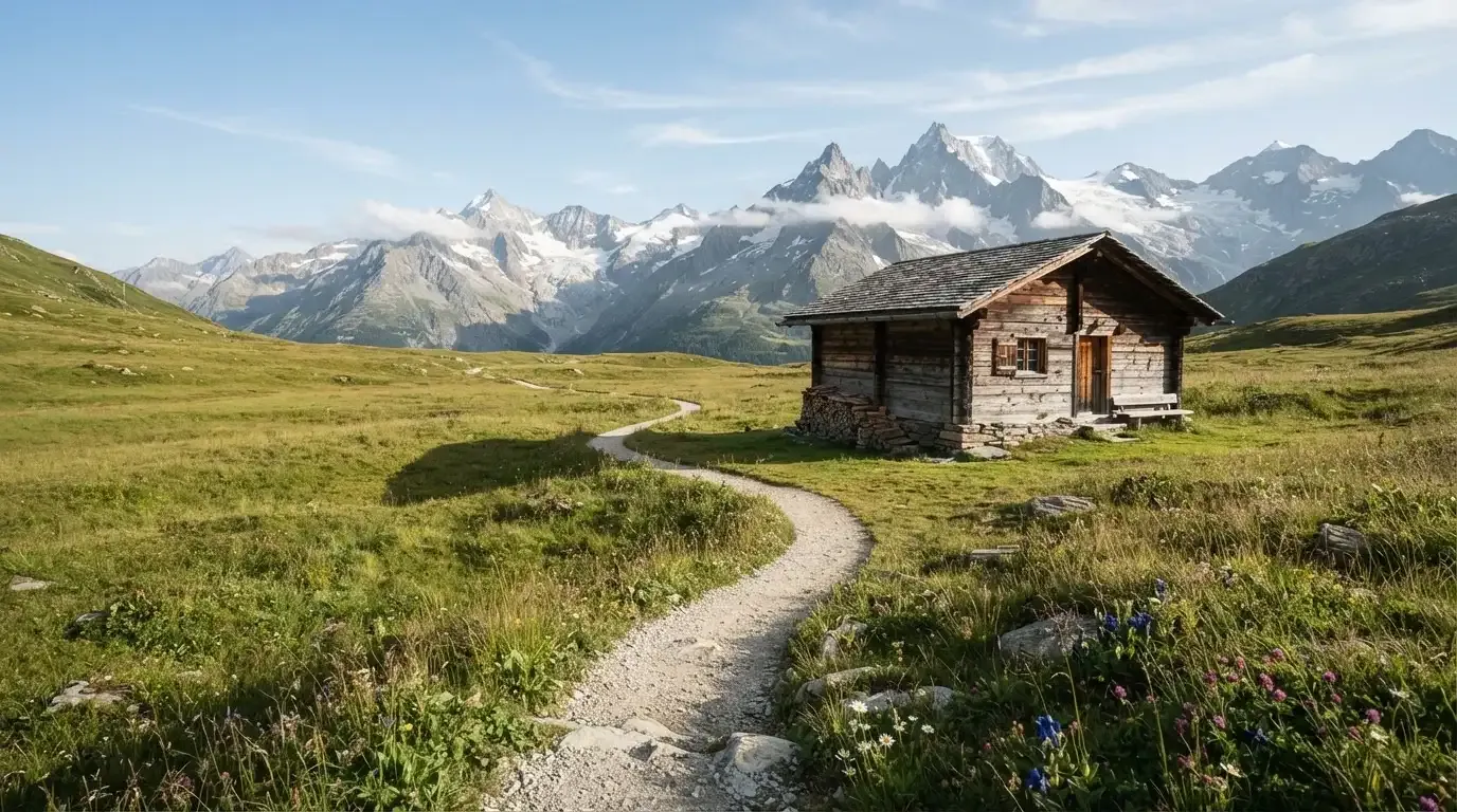 Ein Wanderweg führt über eine Alpwiese zu einem Holzchalet, dahinter ragen verschneite Gipfel in den Himmel.