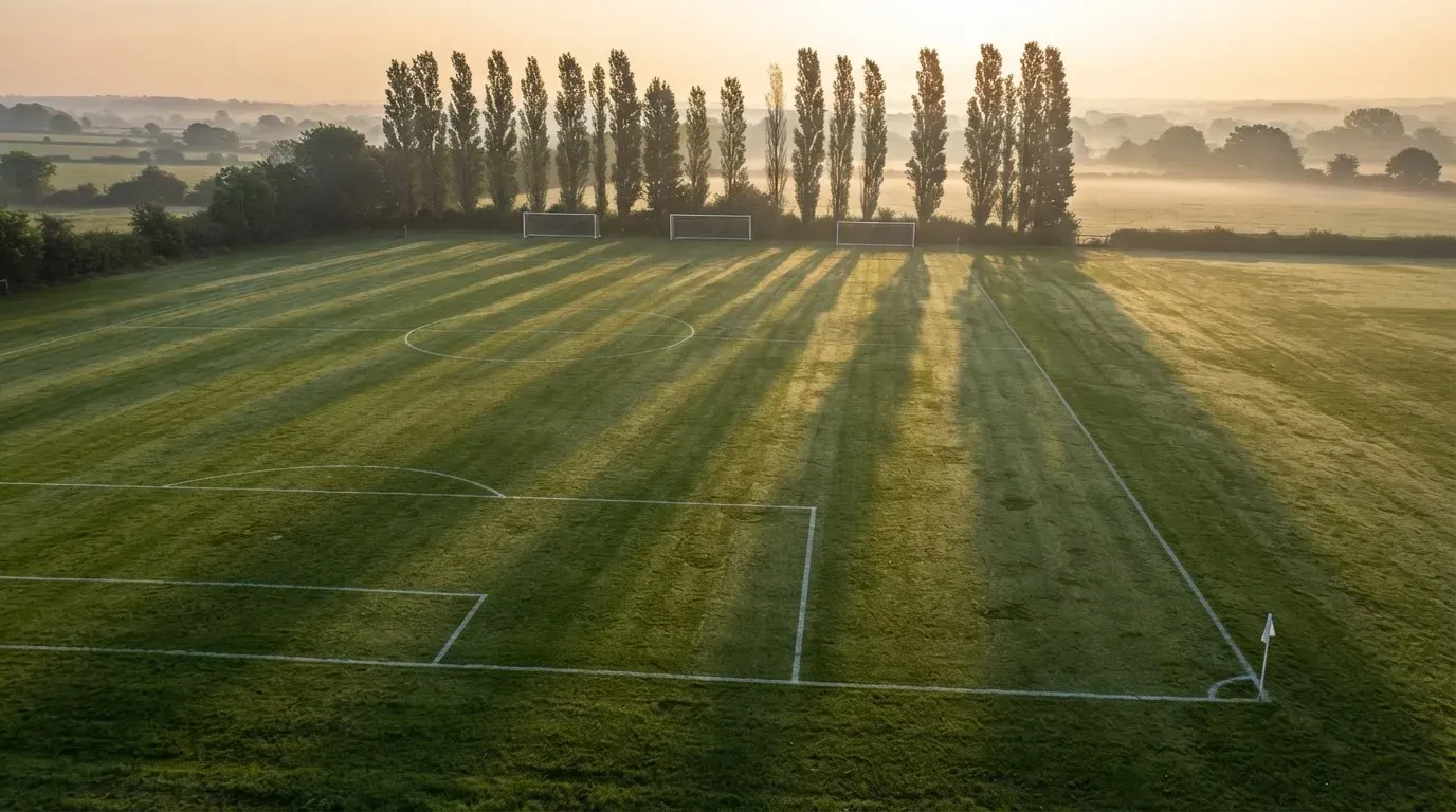 Ein leerer Fussballplatz mit weissen Linien von oben gesehen im Morgenlicht, am Rand stehen zwei Tore und eine Reihe Pappeln.