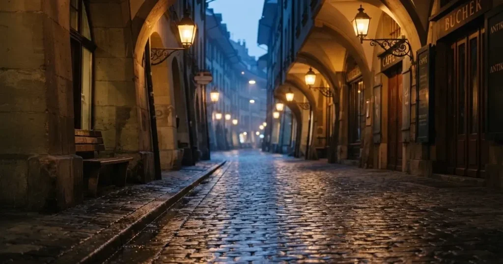 Eine menschenleere Altstadtgasse mit steinernen Laubengängen im Abendlicht, die Laternen brennen schon und das Pflaster glänzt feucht.