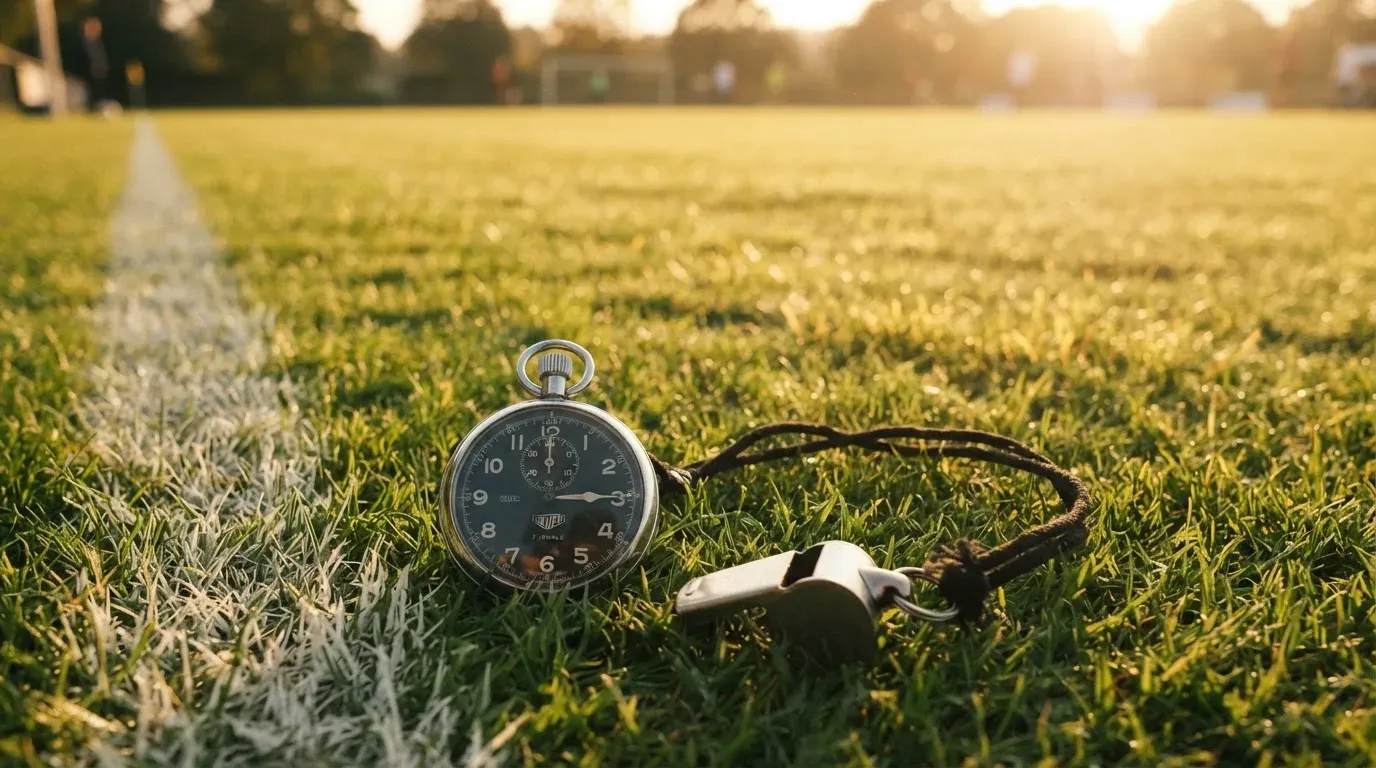 Eine Stoppuhr liegt neben einer Trillerpfeife auf einem Stück Rasen an der Seitenlinie eines Fussballfelds im Gegenlicht.