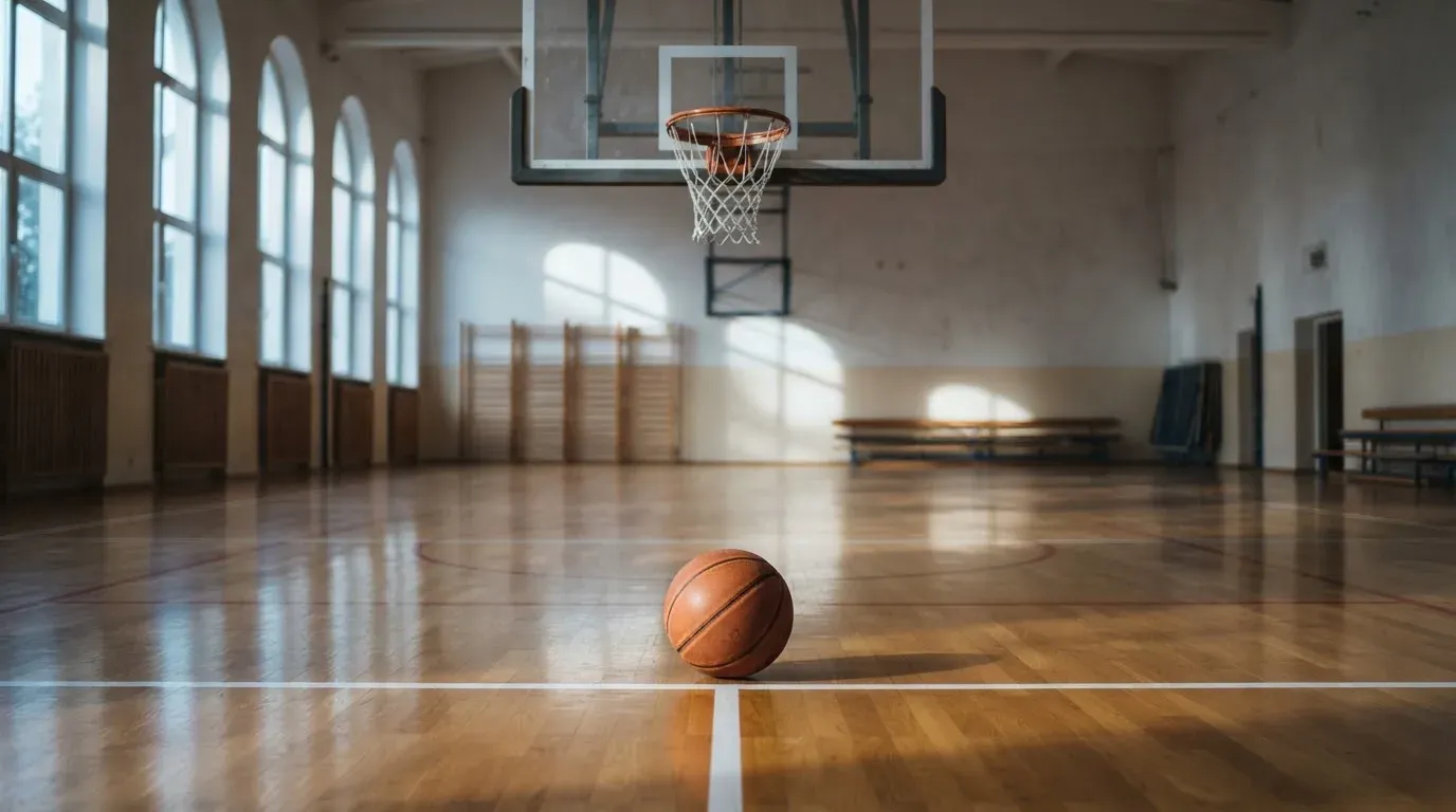 Ein Basketball liegt unter dem Korb in einer leeren Sporthalle, durch hohe Fenster fällt Tageslicht auf das Parkett.