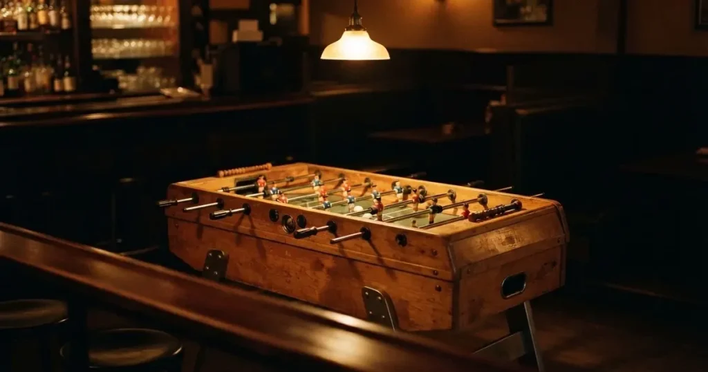 Ein hölzerner Tischfussball steht in einer leeren Bar, die Stangen mit den Figuren glänzen im Gegenlicht einer Lampe.