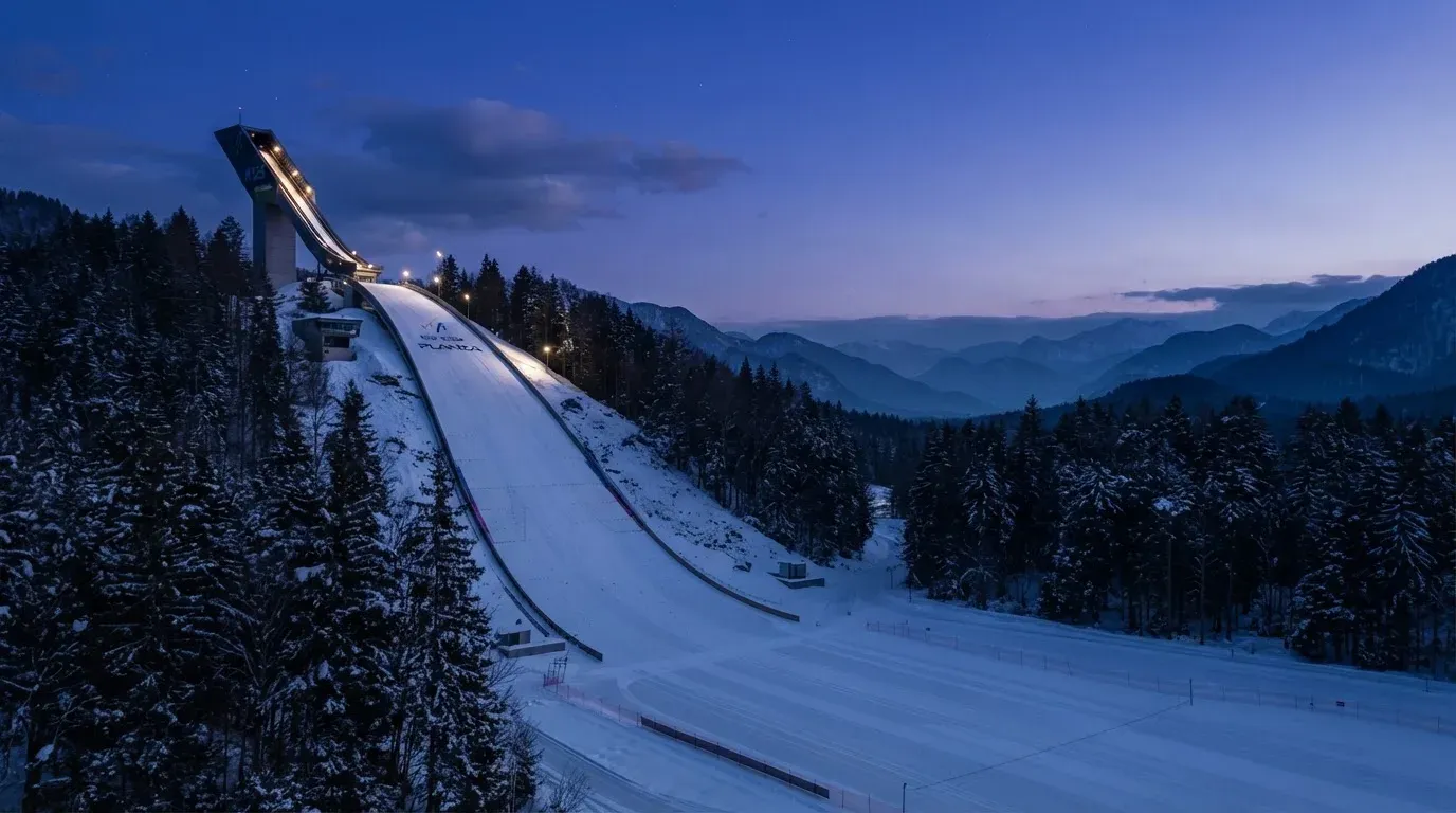 Eine Skisprungschanze ragt in der Dämmerung über einen Wald in den Alpen, der Auslauf liegt verschneit und leer da.