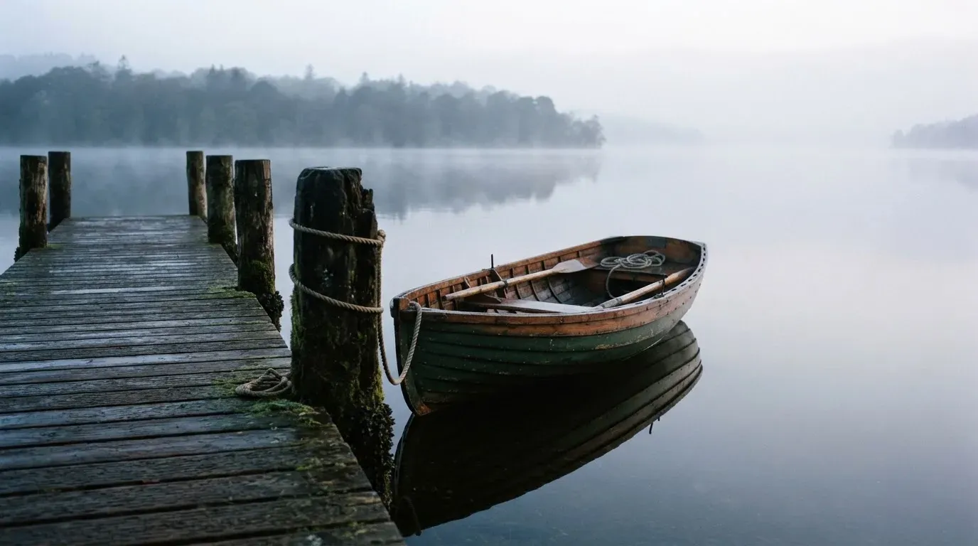 Ein Ruderboot liegt an einem Steg am Ufer eines Sees, über dem Wasser steigt dünner Nebel auf.