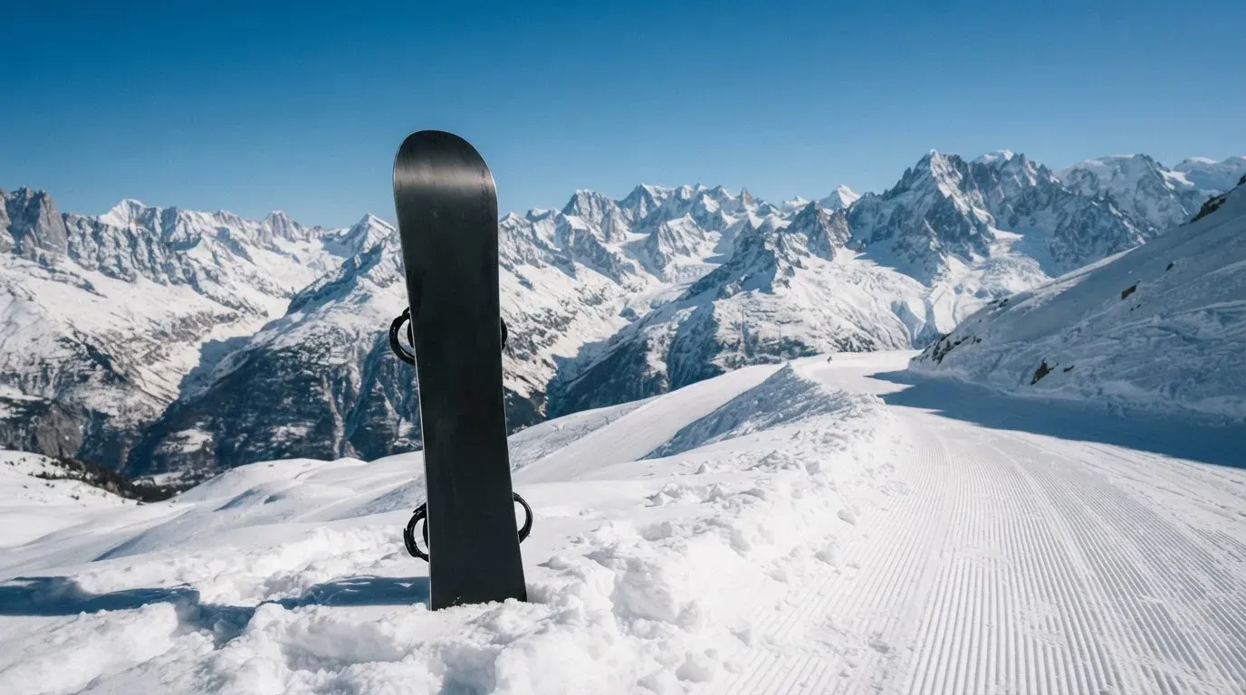 Ein Snowboard steckt aufrecht im Schnee am Rand einer Piste, dahinter spannt sich klarer Himmel über verschneiten Gipfeln.