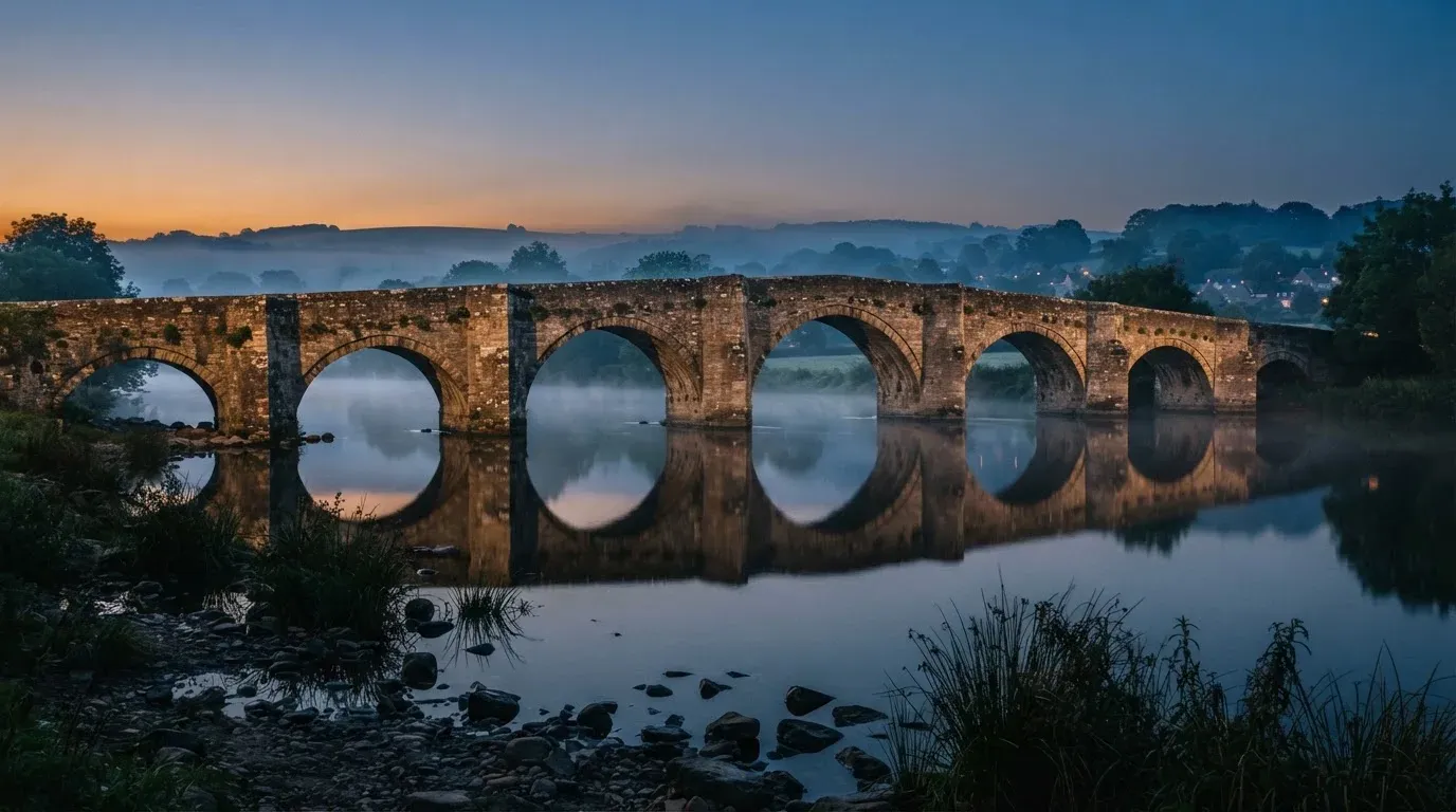 Eine Steinbrücke spannt sich in der Dämmerung über einen Fluss, auf dem Wasser liegt leichter Nebel.
