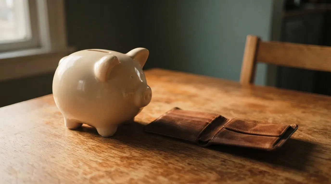 Ein Sparschwein aus Keramik steht auf einem Küchentisch neben einer leeren Geldbörse im Licht des Morgens.