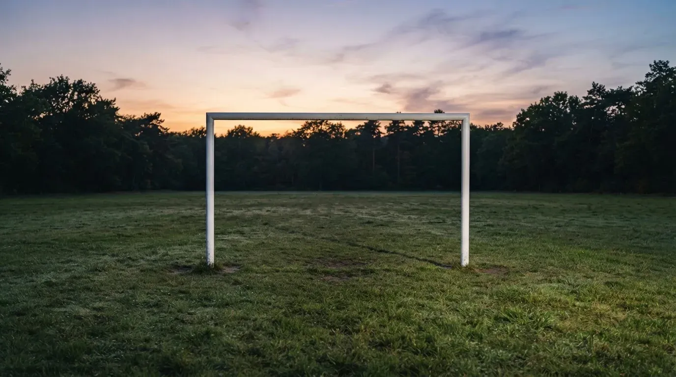 Ein Fussballtor ohne Netz steht auf einer Wiese am Waldrand, die Abenddämmerung färbt den Himmel orange.