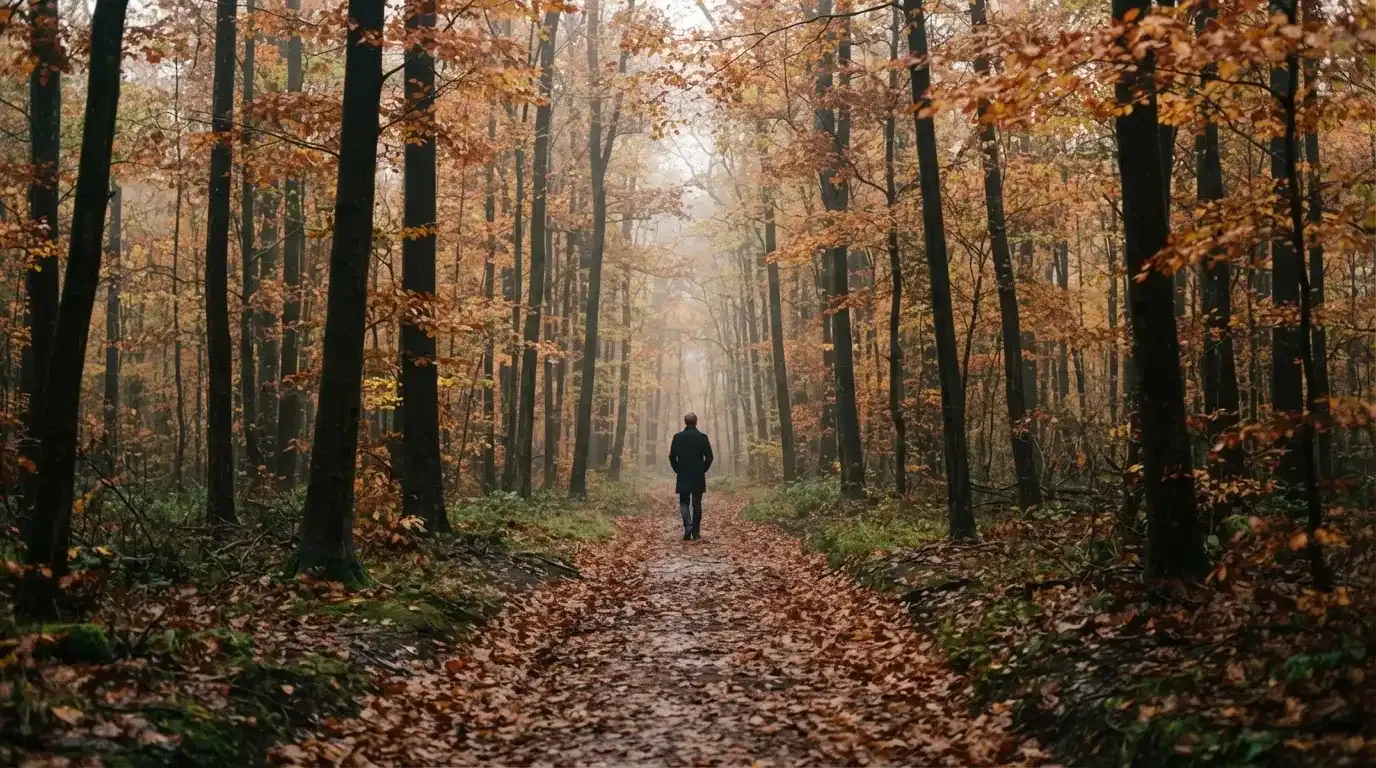 Ein Waldweg im Herbst mit buntem Laub, in der Ferne geht eine einzelne kleine Gestalt zwischen den Bäumen.