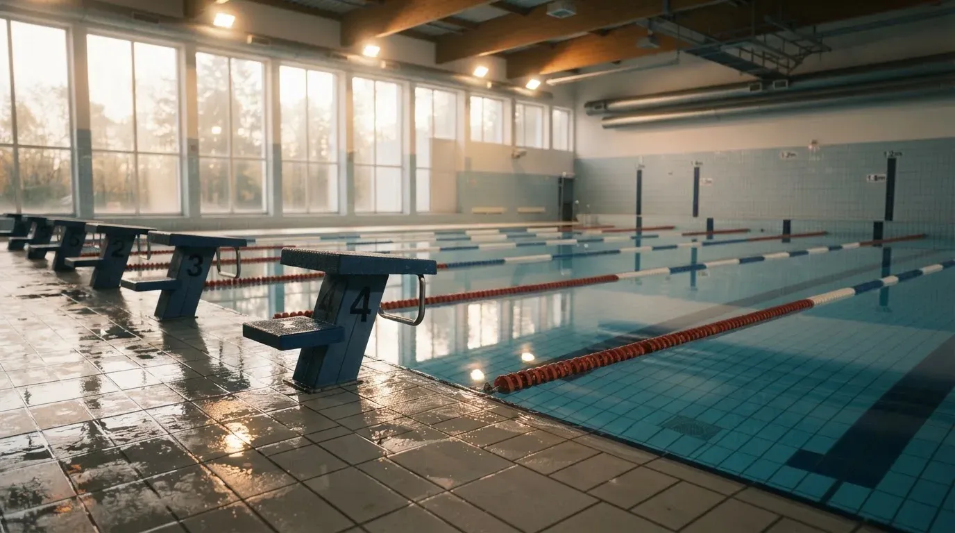 Ein leeres Schwimmbecken mit Startblöcken am Morgen, die Wasseroberfläche ist ruhig und spiegelt die Deckenlampen.
