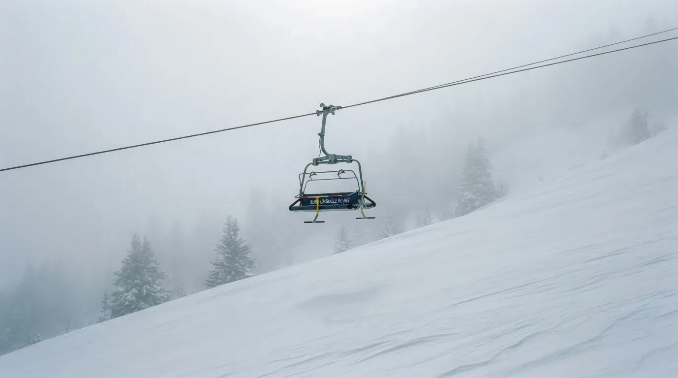 Ein Sessellift fährt leer durch dichten Nebel über eine winterliche Alp, unter ihm liegt unberührter Schnee.