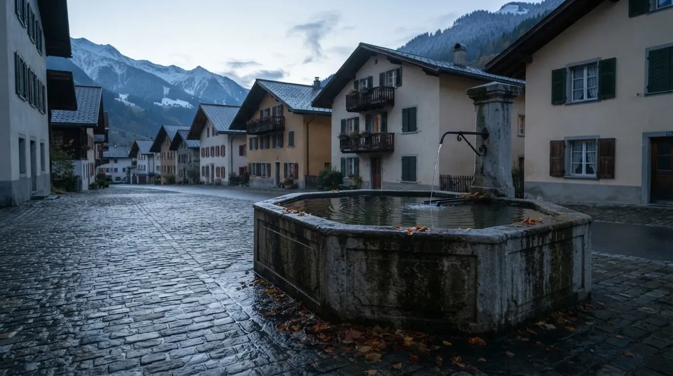 Ein stiller Dorfplatz mit einem Steinbrunnen im Frühlicht, auf dem Pflaster steht keine Person.