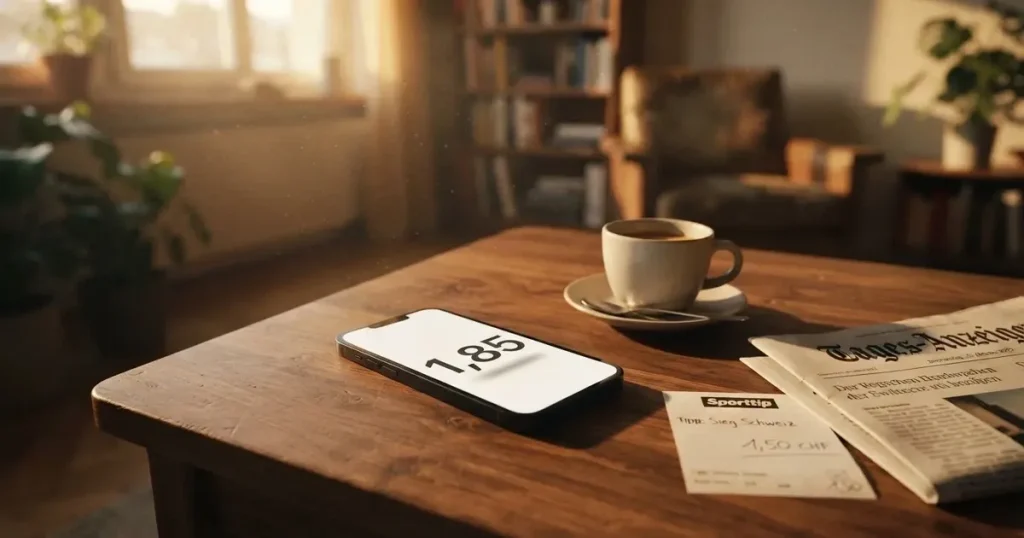 Ein Smartphone mit dunklem Display liegt auf einem Holztisch neben einer Kaffeetasse, durch das Fenster fällt warmes Abendlicht.
