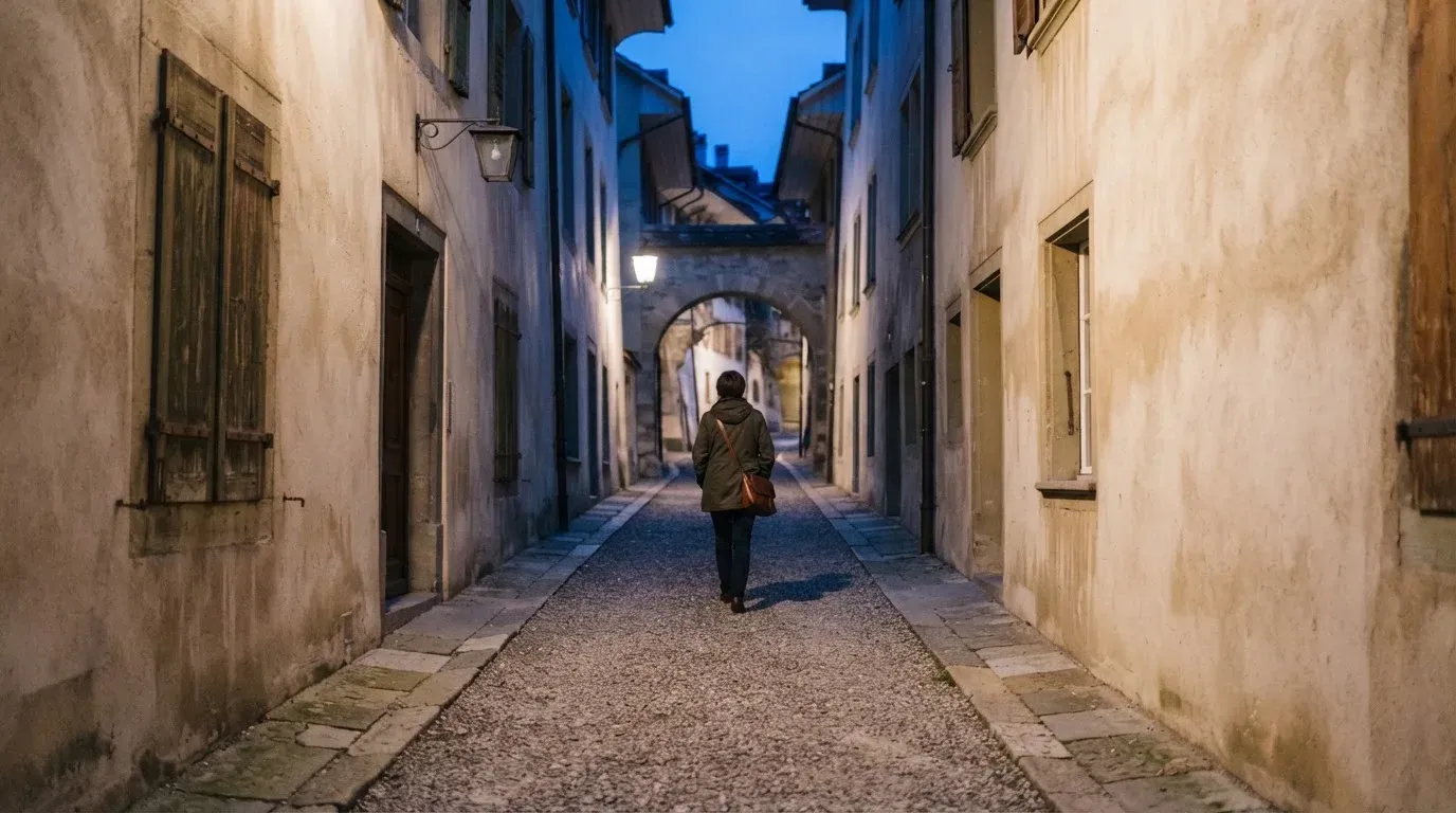 Ein schmaler Kiesweg führt zwischen zwei hellen Mauern durch eine Schweizer Altstadt, die Laternen sind noch nicht angezündet.
