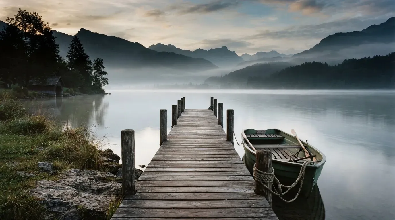 Ein Seeufer mit einem Holzsteg und einem vertäuten Ruderboot im Morgennebel, im Hintergrund die Silhouette von Bergen.