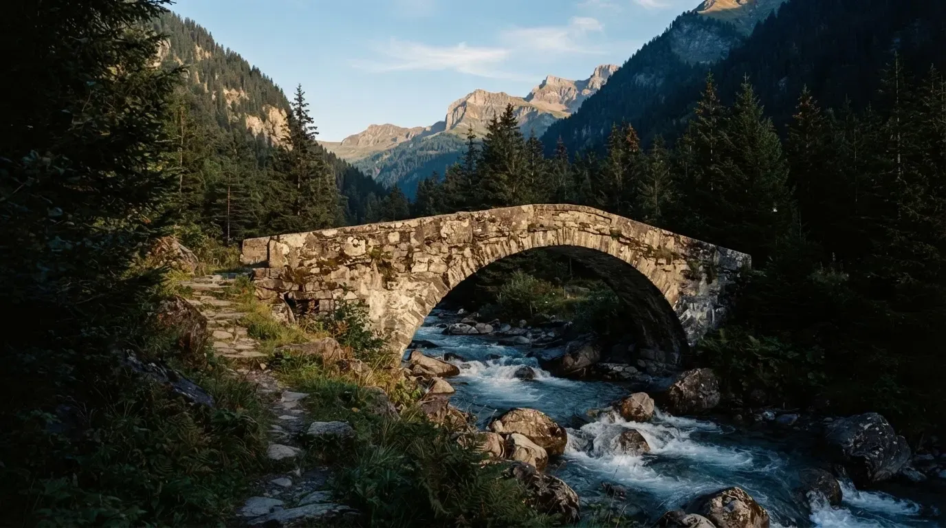 Eine Steinbogenbrücke überspannt einen Bergbach in den Alpen im Morgenlicht, an den Hängen stehen dunkle Nadelbäume.