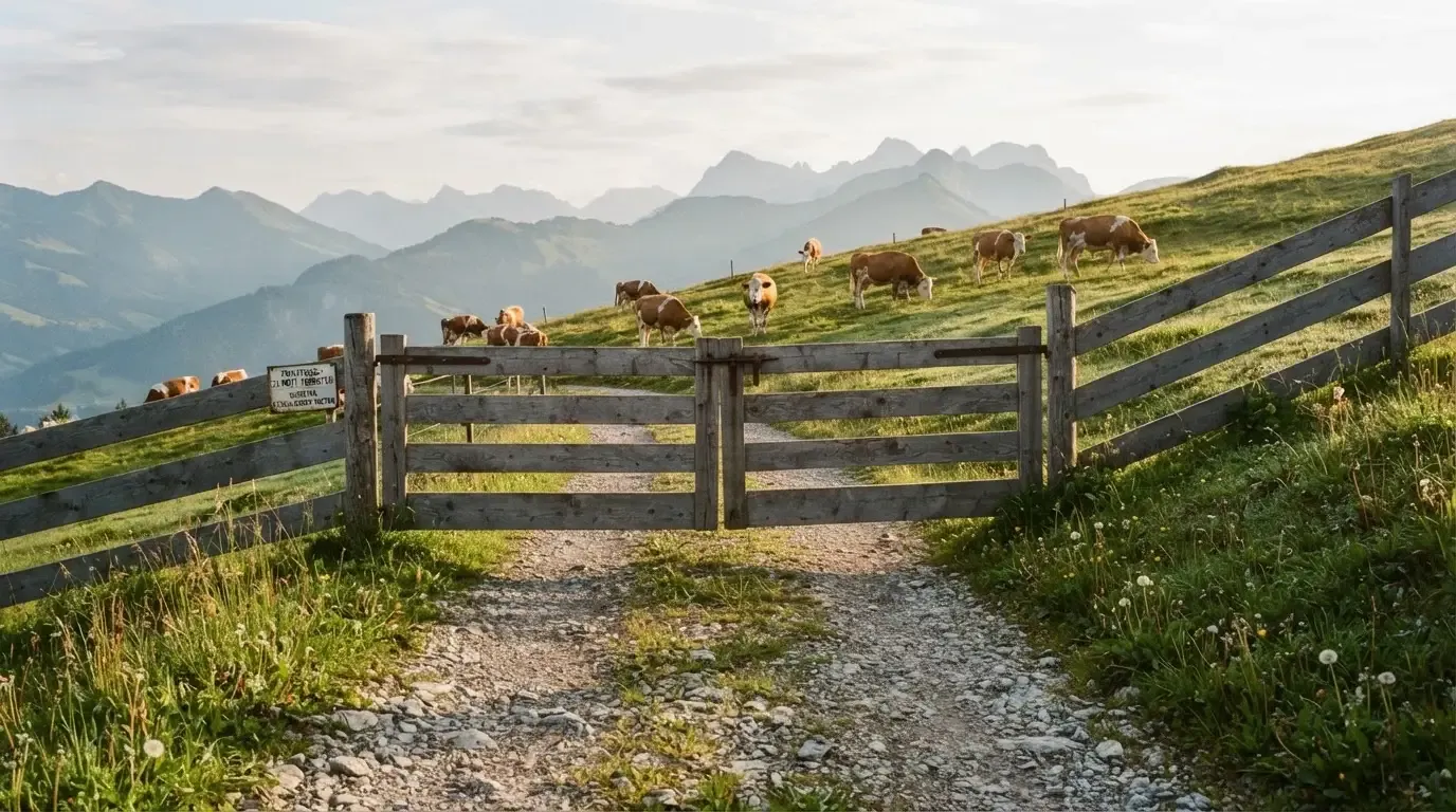 Ein geschlossenes Holztor an einem Feldweg im Gebirge, dahinter eine Weide mit Kühen im Morgenlicht.