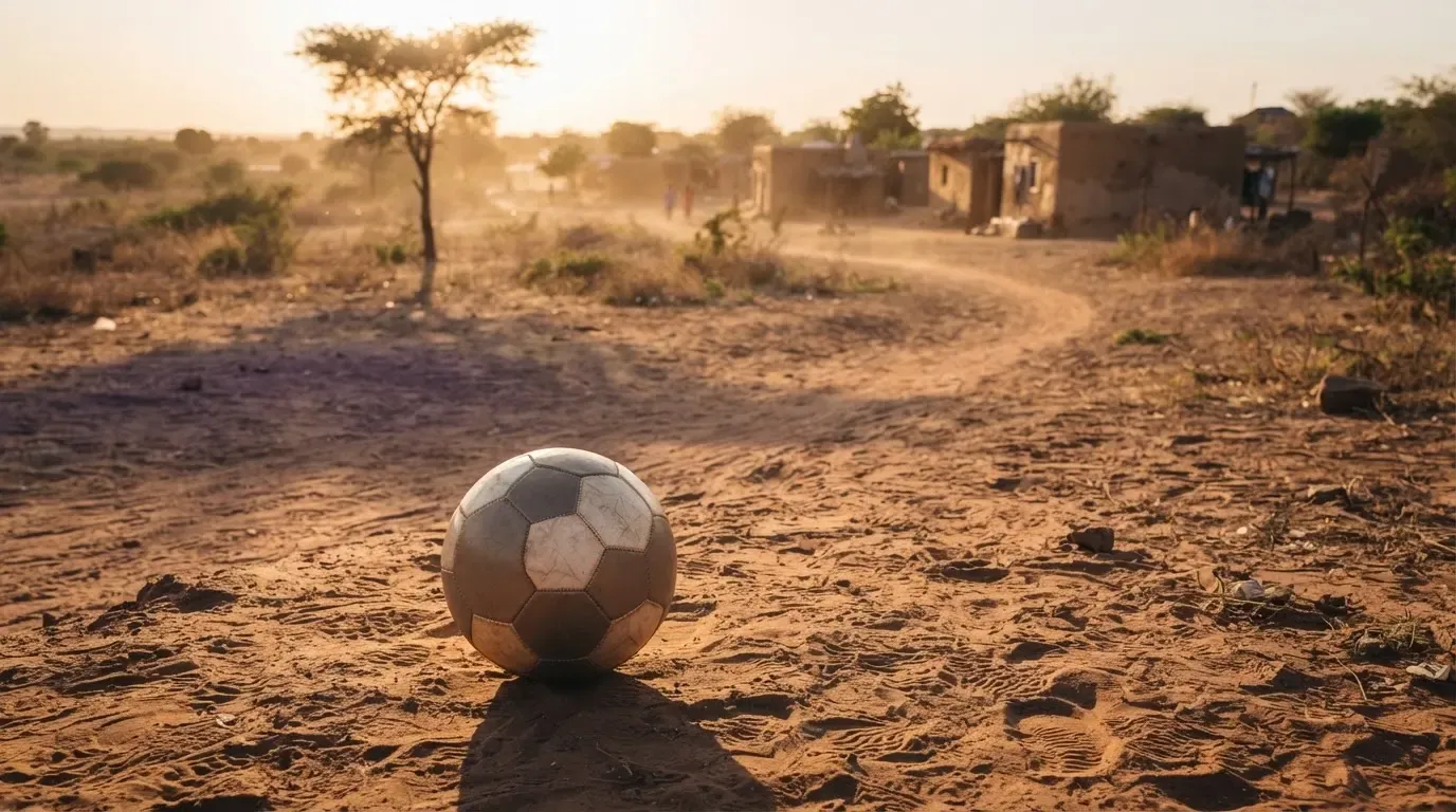Ein Fussball liegt auf rotbraunem Sand am Rand eines Dorfes, die Abendsonne wirft lange Schatten.