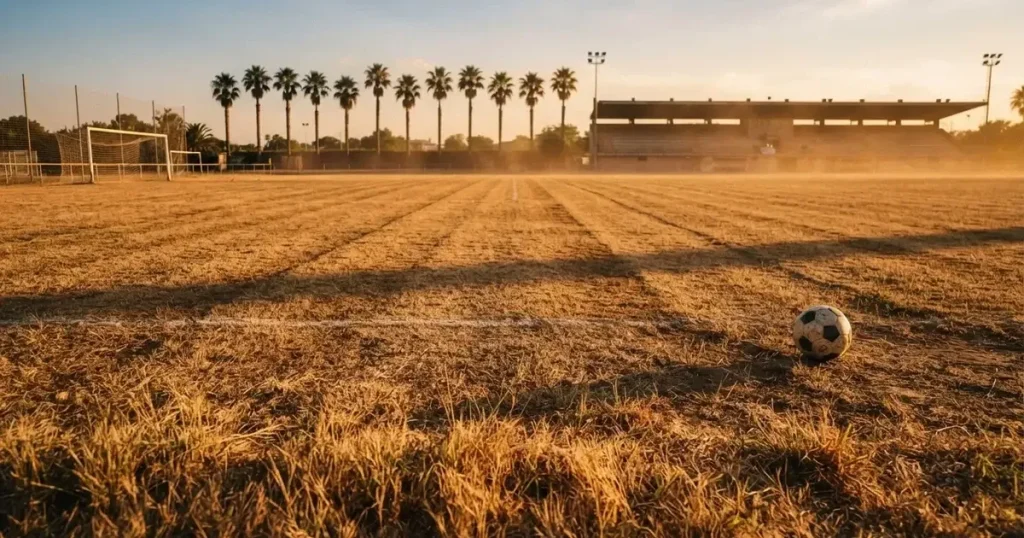 Ein ausgetrockneter Fussballplatz mit Rasenstreifen im warmen Nachmittagslicht, im Hintergrund Palmen und ein flaches Stadiondach.