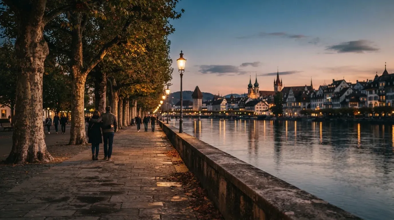 Eine Rheinpromenade mit hohen Bäumen am Abend, das Wasser spiegelt das Licht der ersten Laternen.