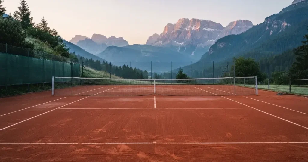 Ein Sandplatz im ersten Morgenlicht, die Linien sind frisch gezogen, das Netz bewegt sich leicht im Wind, Berge im Dunst.