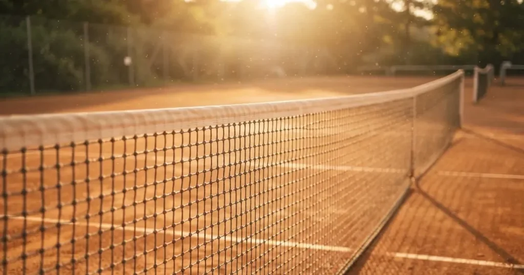 Ein Tennisnetz in Nahaufnahme im Gegenlicht der tiefstehenden Sonne, feine Staubkörner schweben über dem Platz.