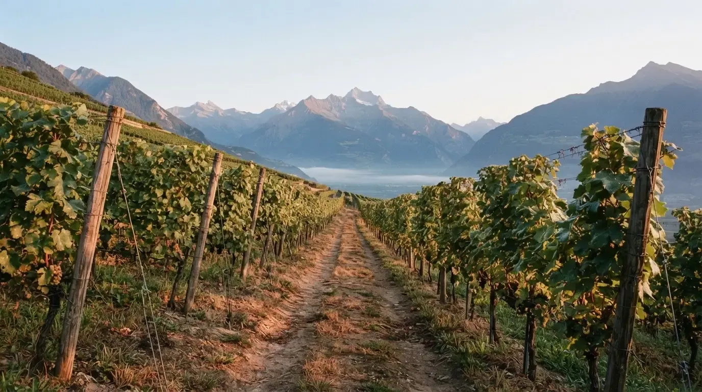 Ein Feldweg zwischen Weinreben im Wallis bei Sonnenaufgang, im Hintergrund hohe Berge und klare Luft.