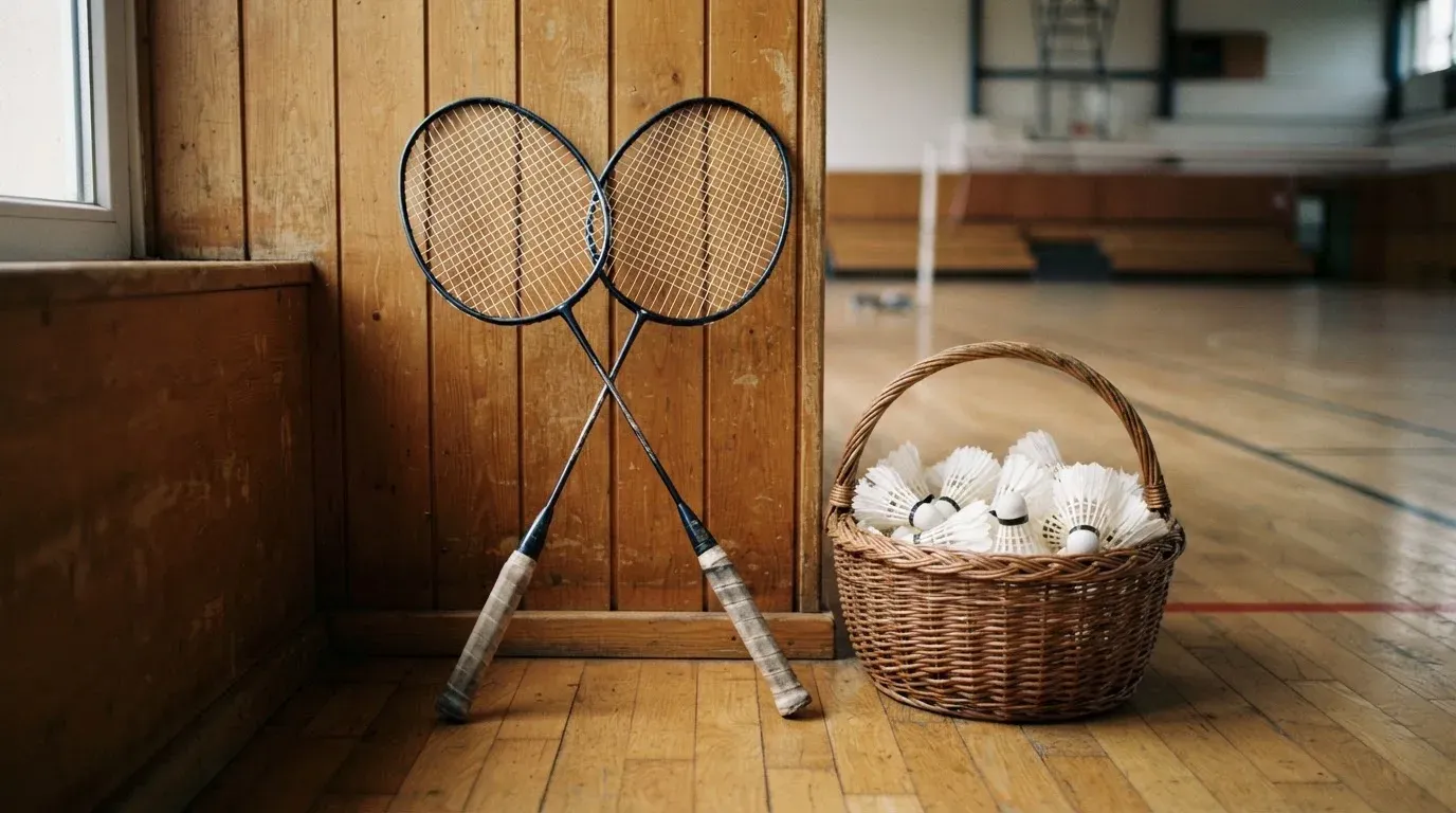 Zwei Badmintonschläger lehnen gekreuzt an einer Hallenwand aus Holz, daneben steht ein Korb mit Federbällen.