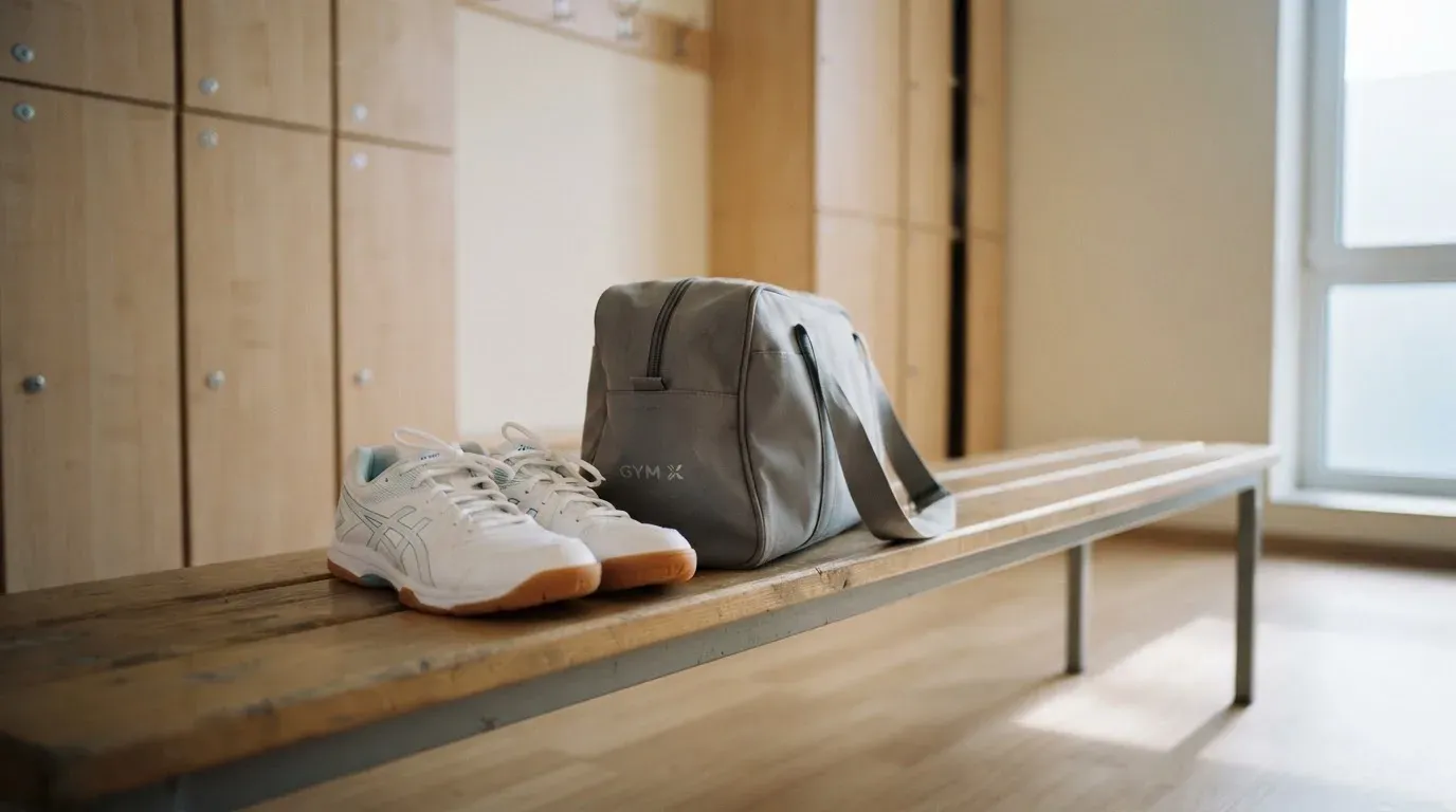 Ein Paar Hallenschuhe steht ordentlich neben einer Sporttasche auf einer Bank in einer leeren Garderobe, ein Fenster lässt Morgenlicht herein.