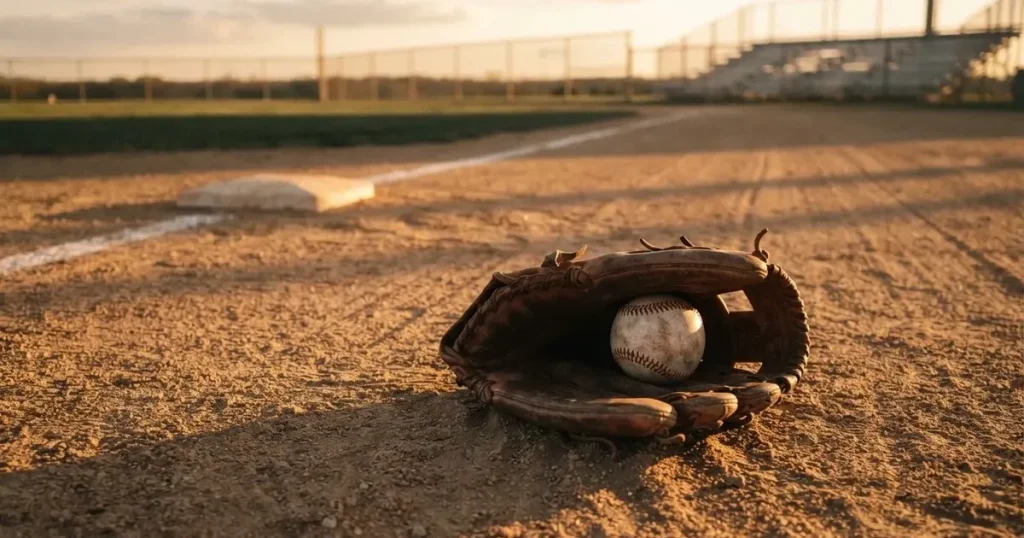 Ein Lederhandschuh und ein Ball liegen auf dem Sandboden eines leeren Spielfelds, die tiefstehende Sonne wirft lange Schatten.