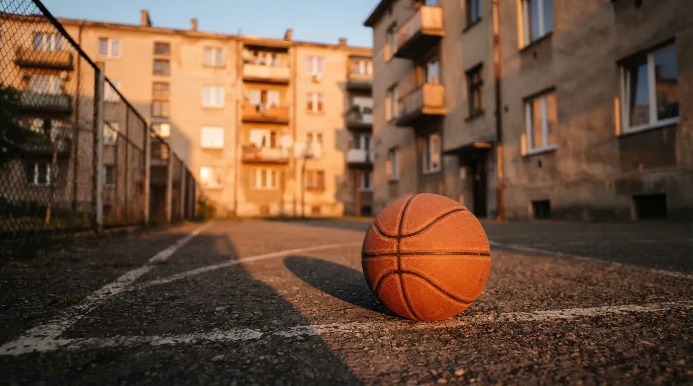 Ein Basketball liegt auf einem Asphaltplatz in einem Hinterhof zwischen Wohnblöcken, das Abendlicht färbt die Wände warm.