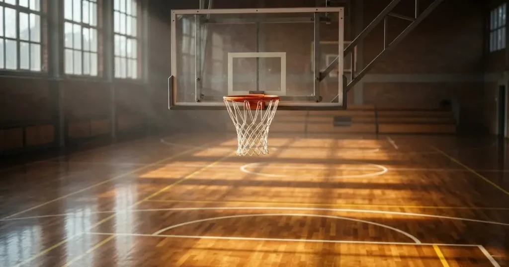 Ein Basketballkorb mit Netz in einer leeren Halle, Licht fällt von hohen Fenstern auf den glänzenden Parkettboden.