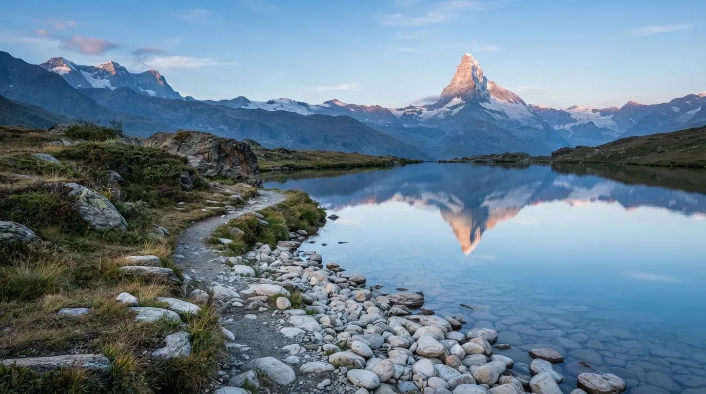 Ein Bergsee mit ruhigem Wasser und Gipfeln im Morgenlicht, am Ufer liegen glatte Steine.