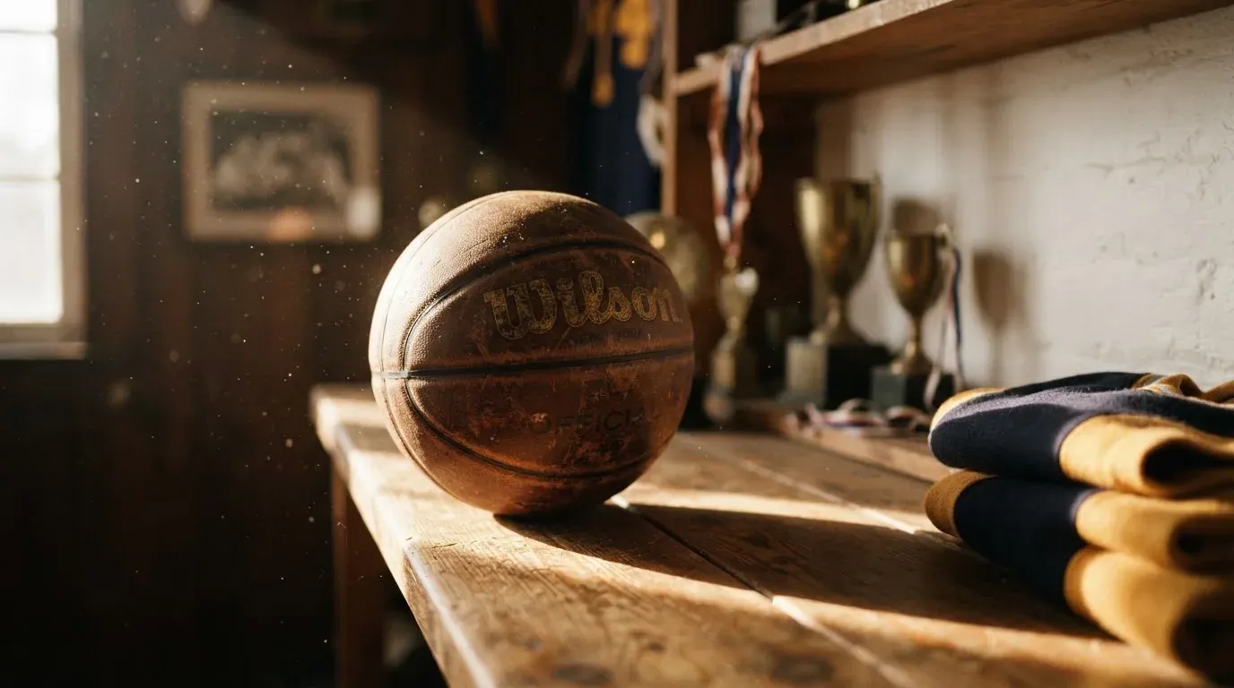 Ein abgenutzter Lederball liegt auf einem Holzregal in einem Vereinsraum, ein Sonnenstrahl macht den Staub sichtbar.