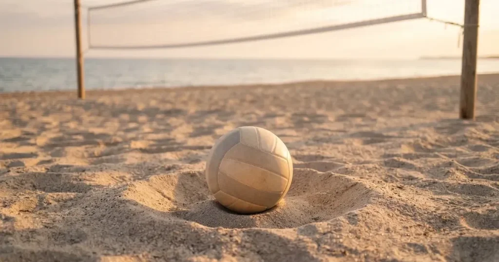 Ein Volleyball liegt auf feinem hellem Sand, ein gespanntes Netz verschwimmt dahinter, das Licht kommt von einem weiten Meer.