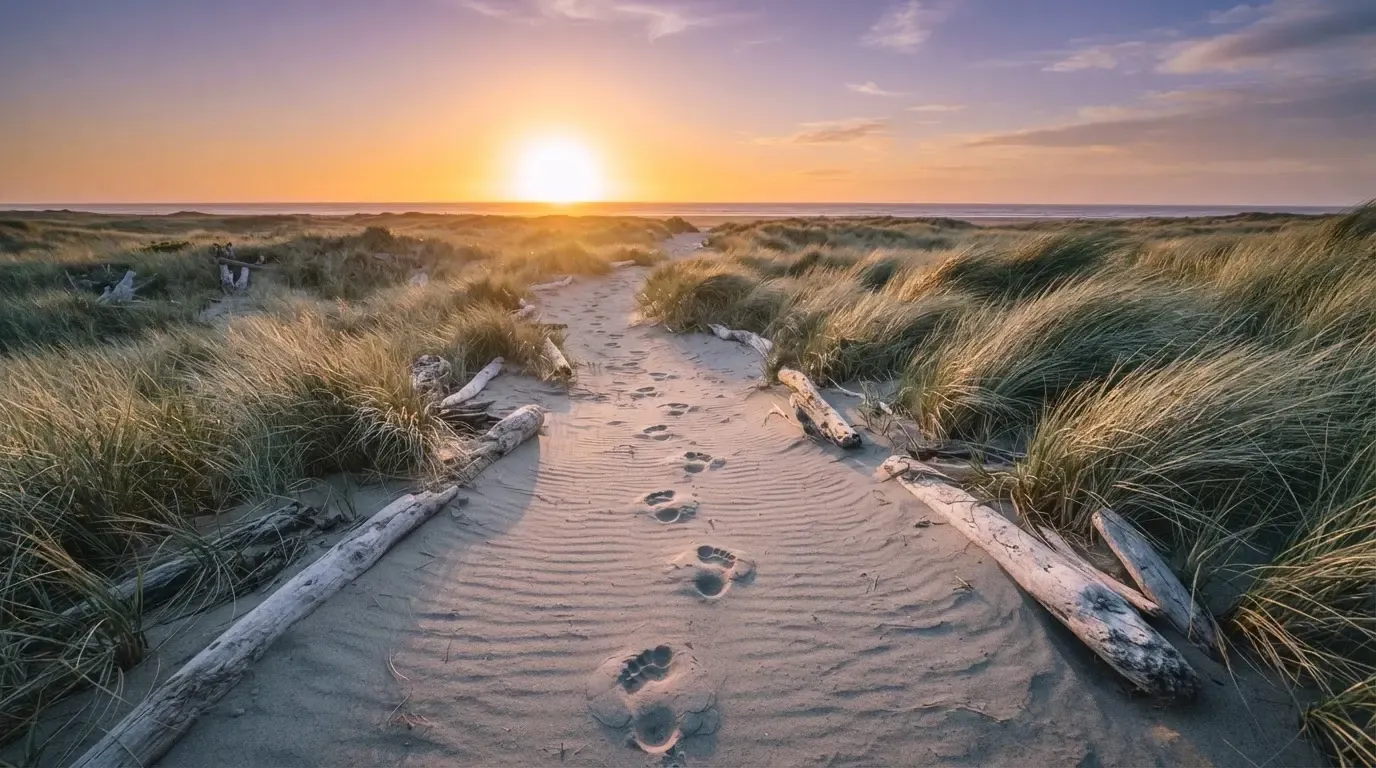 Spuren im Sand führen durch Dünengras auf den Horizont zu, die Sonne steht tief und färbt den Himmel orange.