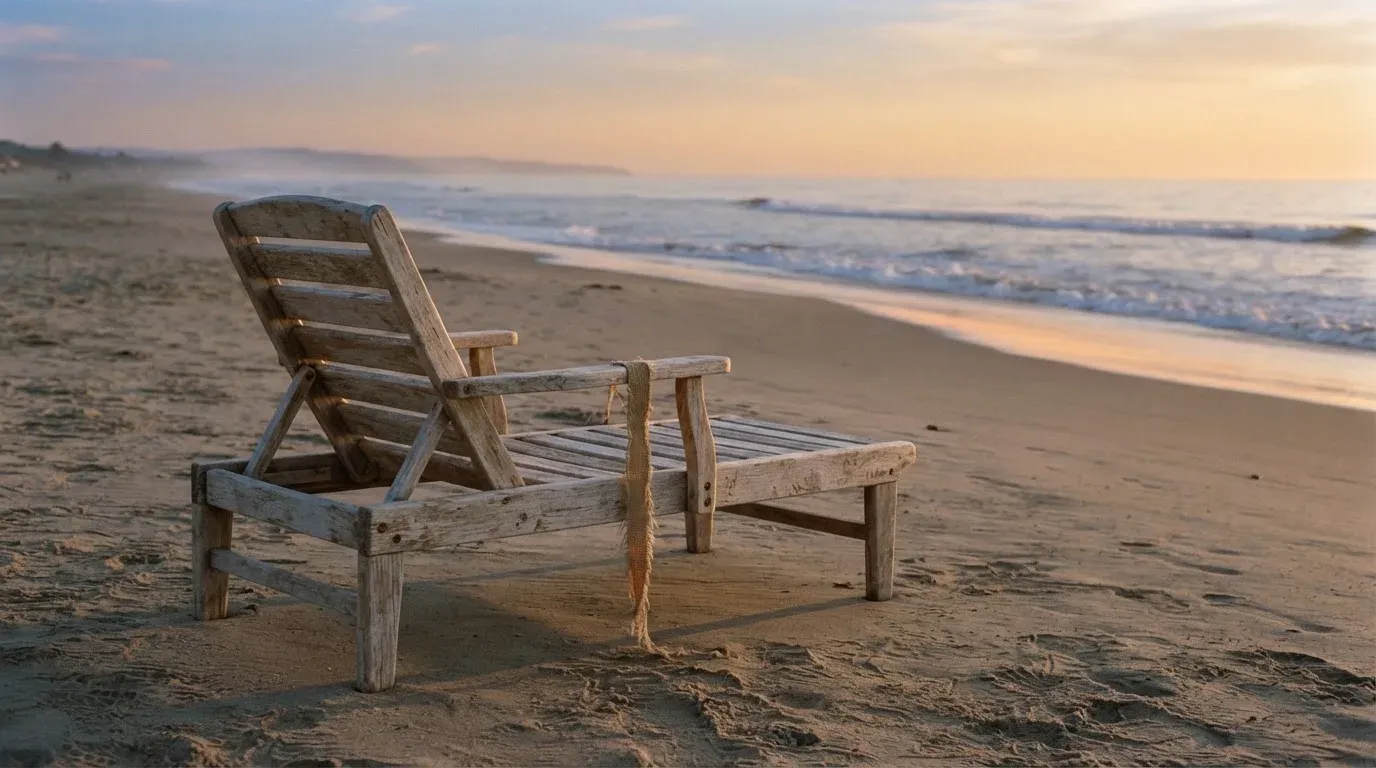 Ein leerer Liegestuhl aus Holz steht am Rand eines Sandstrands, Abendlicht und ruhige Wellen im Hintergrund.