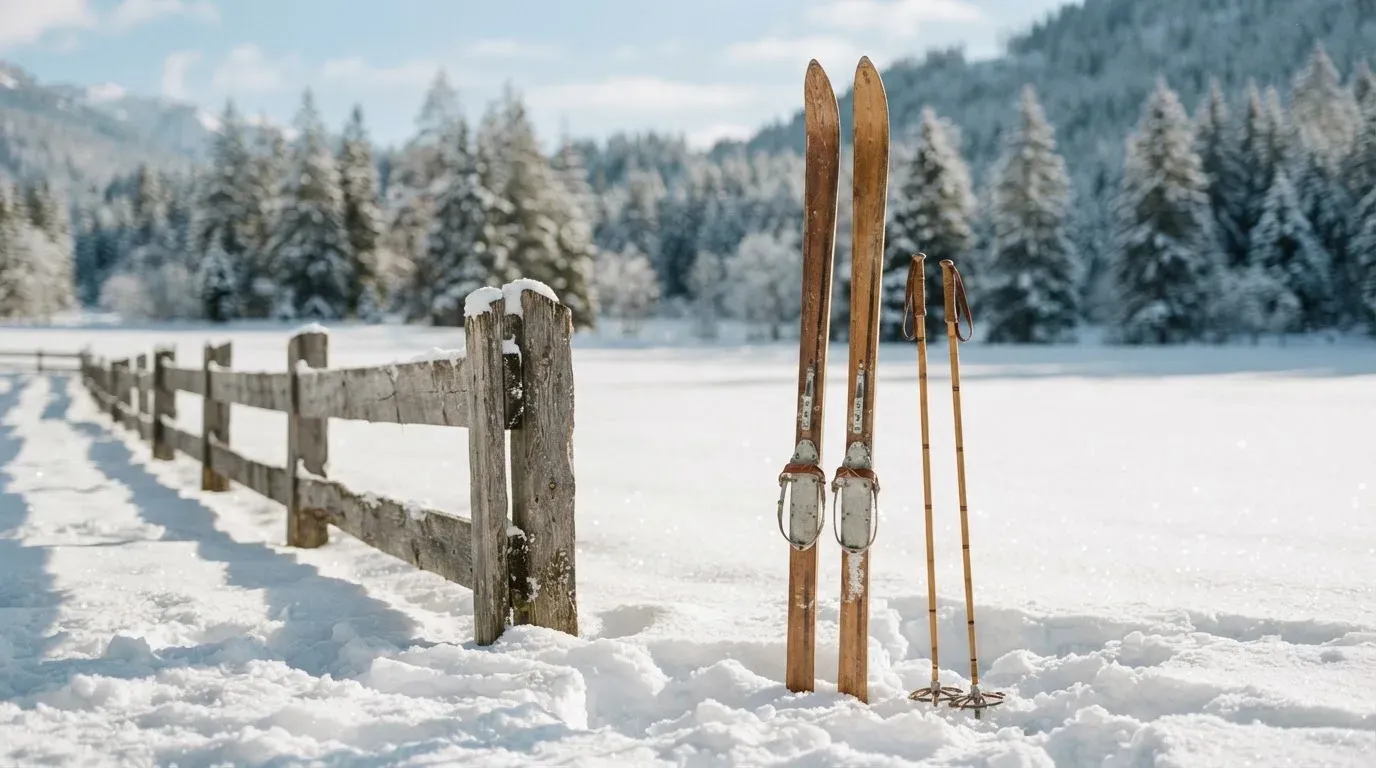 Ein Paar Langlaufskier steckt aufrecht im Schnee neben einem Holzzaun, die Sonne glitzert auf Eiskristallen.