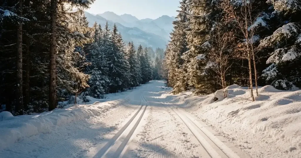 Eine verschneite Langlaufloipe führt durch Tannenwald im Morgenlicht, frische Spuren im Schnee, dahinter Berge im Dunst.