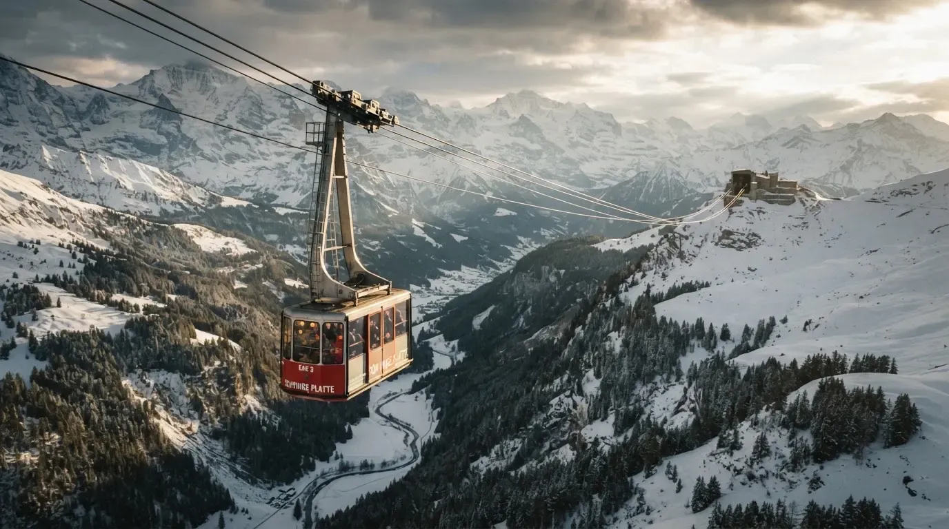 Eine Seilbahnkabine schwebt über einem verschneiten Tal, die Sonne bricht durch die Wolken und beleuchtet die Hänge.