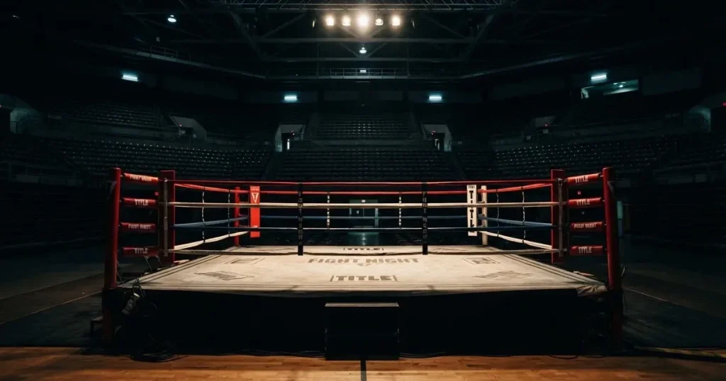 Ein leerer Boxring mit gespannten Seilen unter hellem Hallenlicht, dahinter ansteigende Zuschauerränge in einer grossen dunklen Halle