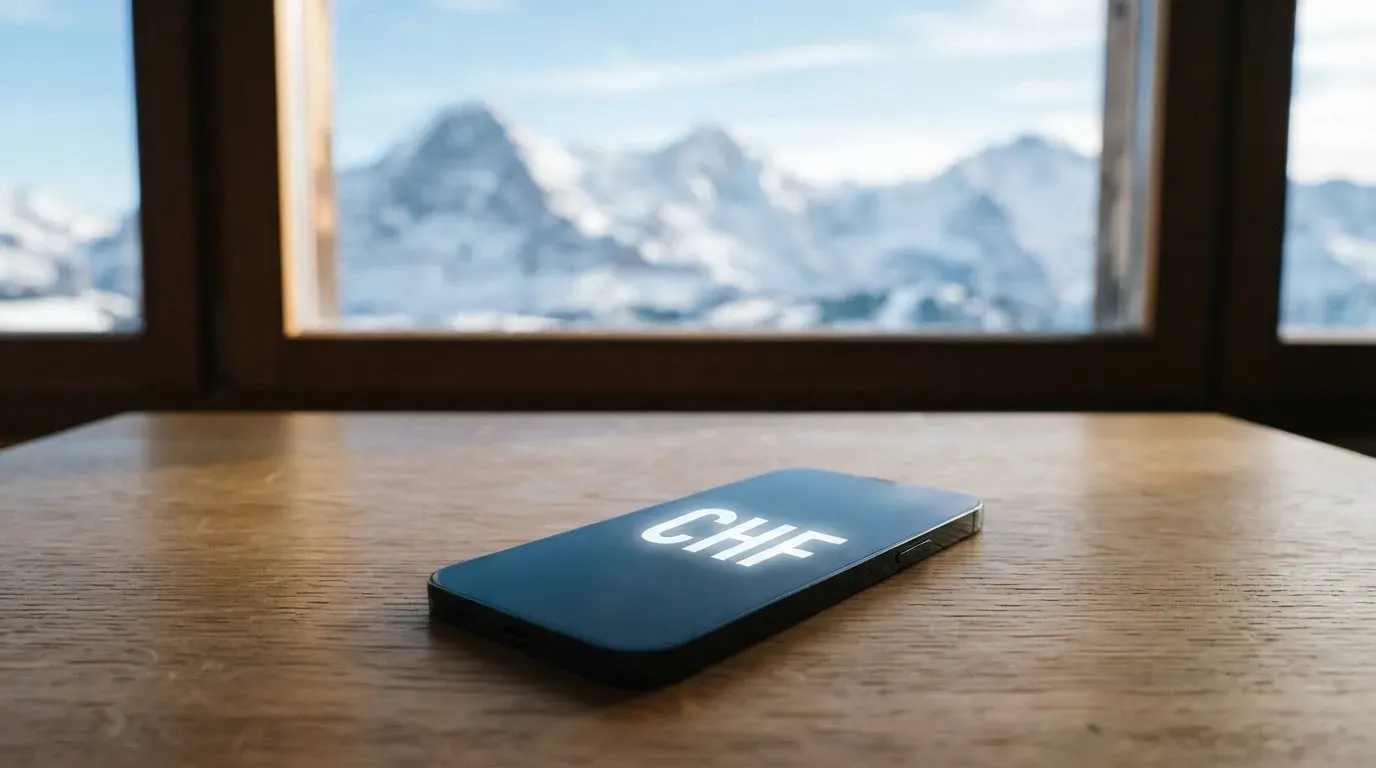 Ein Smartphone mit dunklem Bildschirm liegt auf einem Holztisch vor einem Fenster mit Blick auf schneebedeckte Gipfel