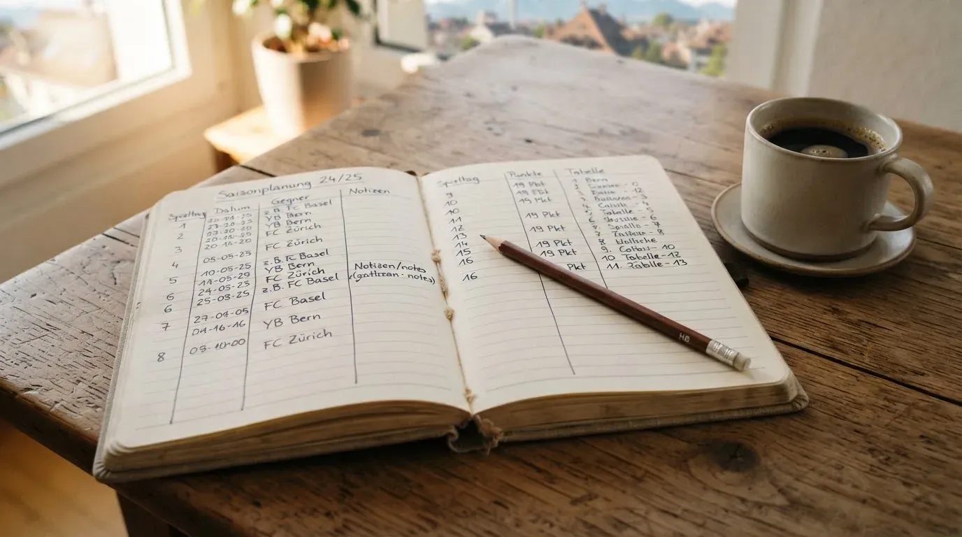 Ein aufgeschlagenes Notizbuch mit handgeschriebenen Spalten und ein Bleistift neben einer Tasse Kaffee auf einem Holztisch am Morgen