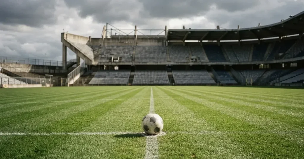 Ein Fussball liegt auf dem Anstosspunkt eines frisch gemähten Rasens, dahinter eine grosse Tribüne unter bewölktem Himmel