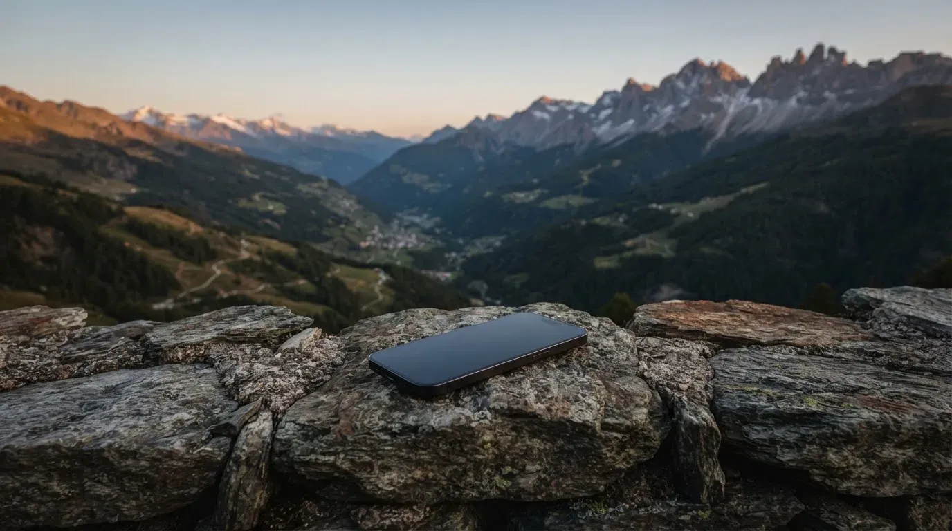Ein Smartphone mit dunklem Display liegt auf einer Steinmauer, dahinter ein Alpental im Abendlicht