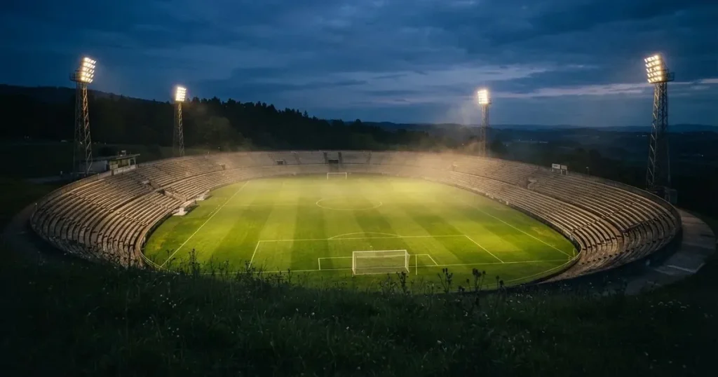 Ein Fussballstadion bei Flutlicht von einer Anhöhe aus gesehen, der Rasen leuchtet grün unter dunklem Abendhimmel