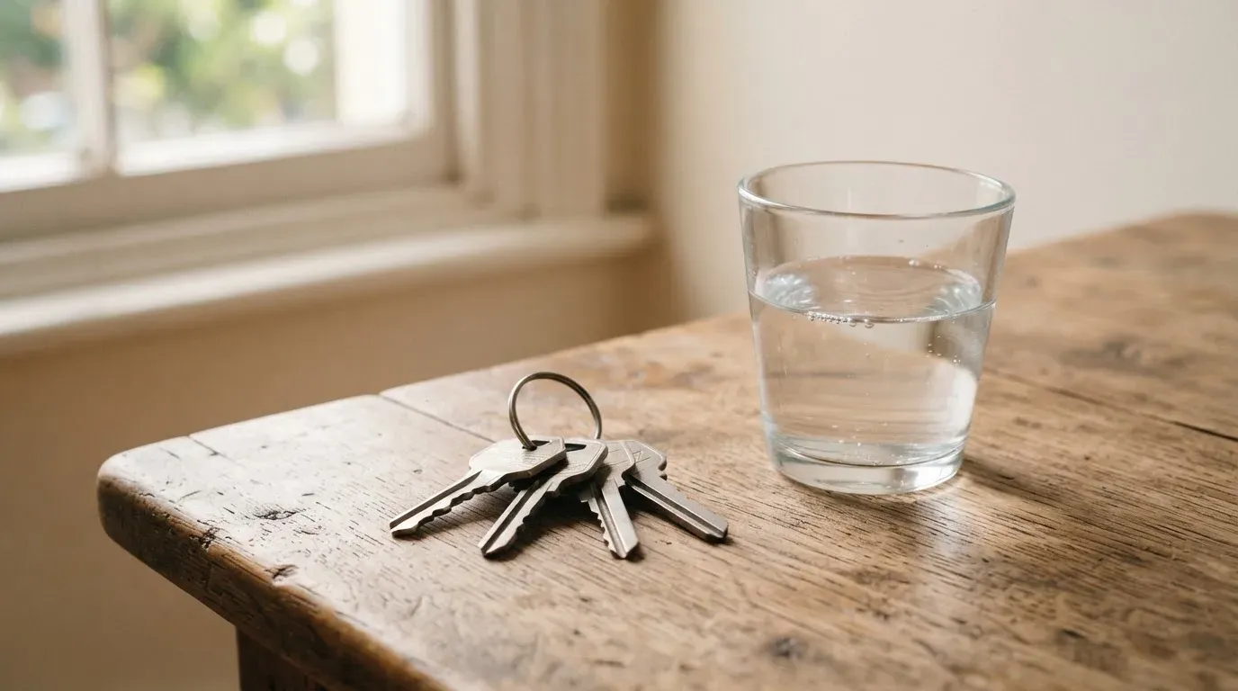 Ein Schlüsselbund und ein Glas Wasser stehen auf einem Holztisch im Licht eines Fensters