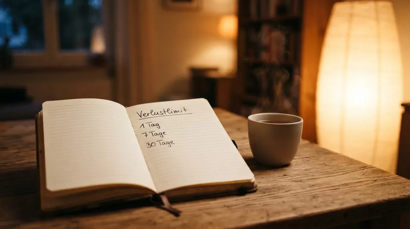 Ein Notizbuch mit handschriftlichen Einträgen und eine Tasse Tee stehen auf einem Tisch neben einer Stehlampe
