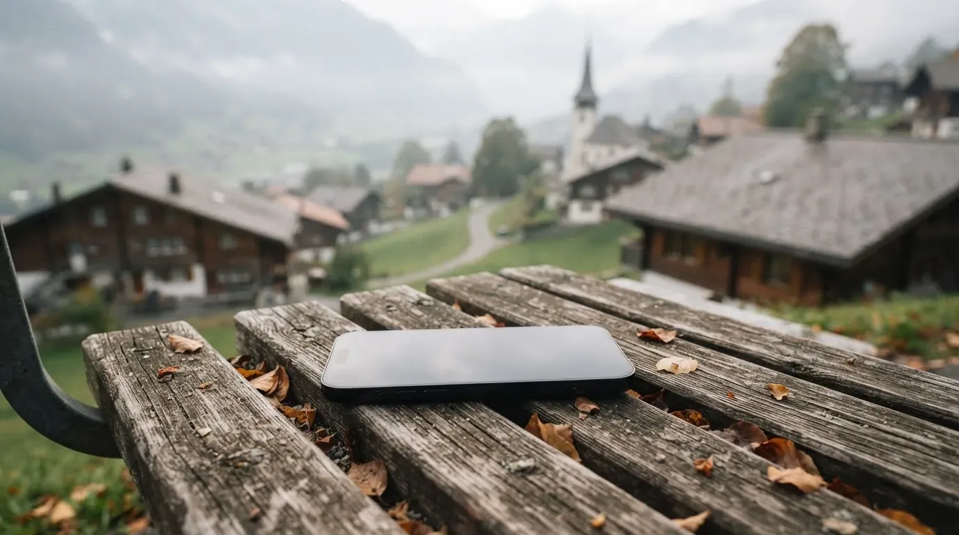 Ein Smartphone mit dunklem Display liegt auf einer Parkbank, dahinter ein Schweizer Dorf mit Kirchturm im Dunst