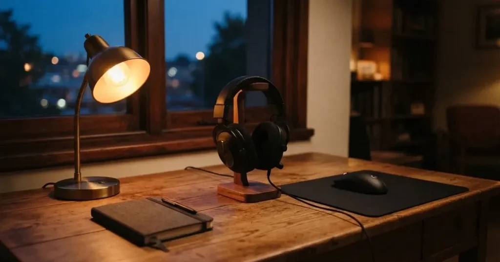 Ein Headset und eine Computermaus liegen auf einem Holzschreibtisch neben einer Tischlampe, draussen ist es Abend